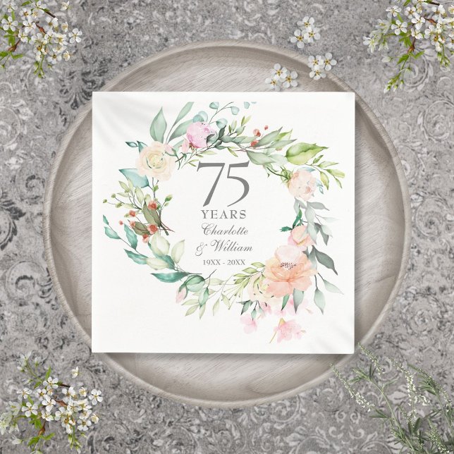 Rosengirlang Floral 75-års bröllopsjubileum Pappersservett (Roses Garland Floral 75th Wedding Anniversary Napkins)