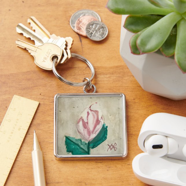 Rosenknopp Fyrkantig Silverfärgad Nyckelring (Skrivbord)