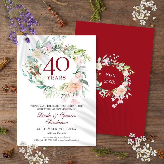 Rosenkrans 40-års rubinbröllopsjubileum spara datumet (Roses Garland 40th Ruby Wedding Anniversary Save The Date)