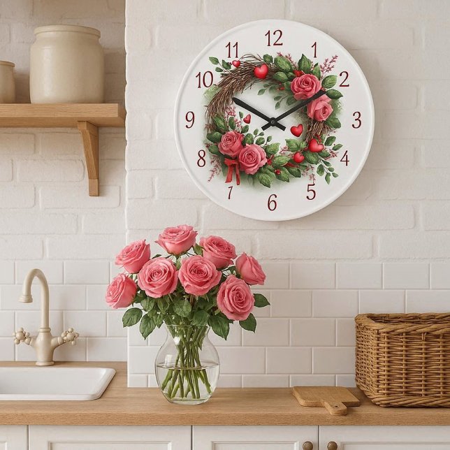 Rosenkrans med röda hjärtan  stor klocka (Farmhouse-chic design featuring a pink rose wall clock, making it an ideal housewarming gift)