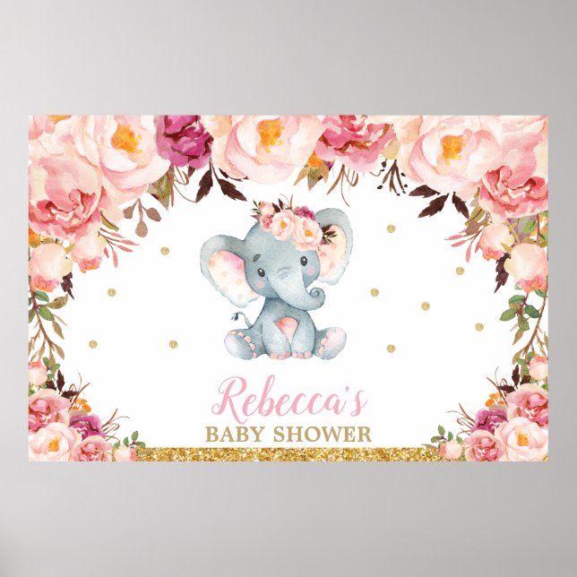 Rosenskäm Blommande Elefant Baby Shower Party Bakg Poster (Framsidan)