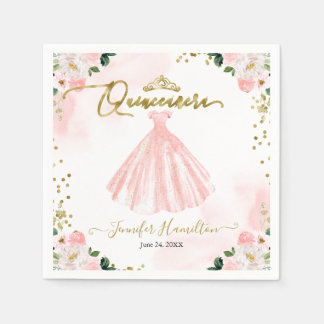 Rosenskäm Quinceanera i Rosa Blommönster Pappersservett