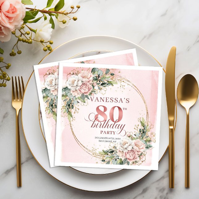 Rosenskär Blommig Grönska 80-årsfirande  Pappersservett (Blush Pink Floral Greenery 80th Birthday Party Napkins)