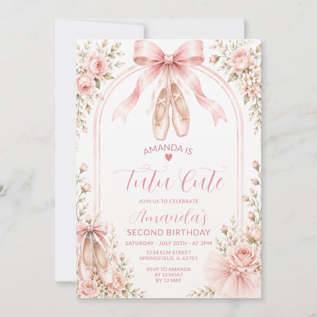 Rosenskär Coquette Tutu Söt Flickas 2-årsdag Inbjudningar (Framsida)