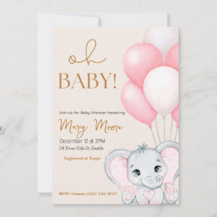 Rosenskär Elfenben Elefant Rosa Ballonger Baby Sho Inbjudningar