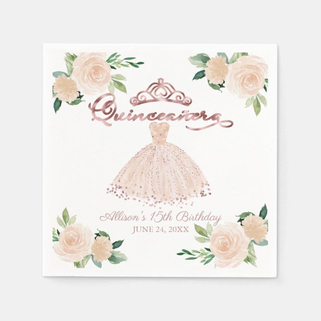 Rosenskära Blommig Quinceanera Pappersservett (Framsidan)
