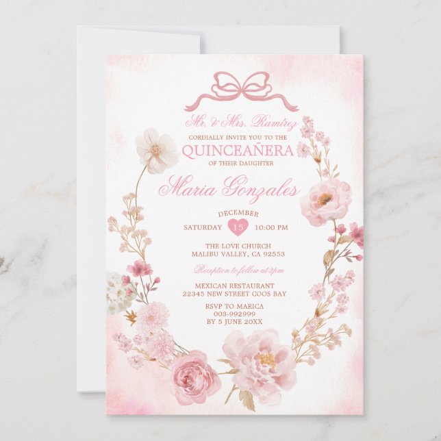 Rosenskära blomsterkrans flicka Coquette Quinceañe Inbjudningar (Framsida)