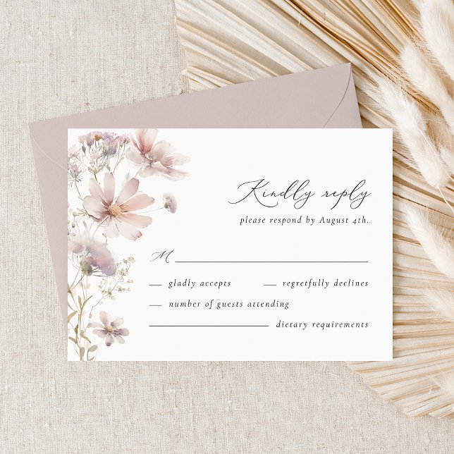 Rosenskära Vildblomma Blommig Boho Bröllop Svarsko OSA Kort (Blush wildflower wedding RSVP card with elegant script typography and soft floral design)