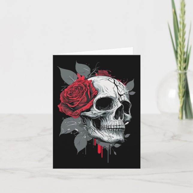 Rosenskelett Skalle Hand Röd Blomma Ros  Kort (Framsida)