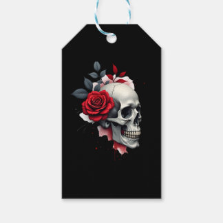 Rosenskelett Skalle Hand Röd Blomma Ros T-Shirt ( Presentetikett