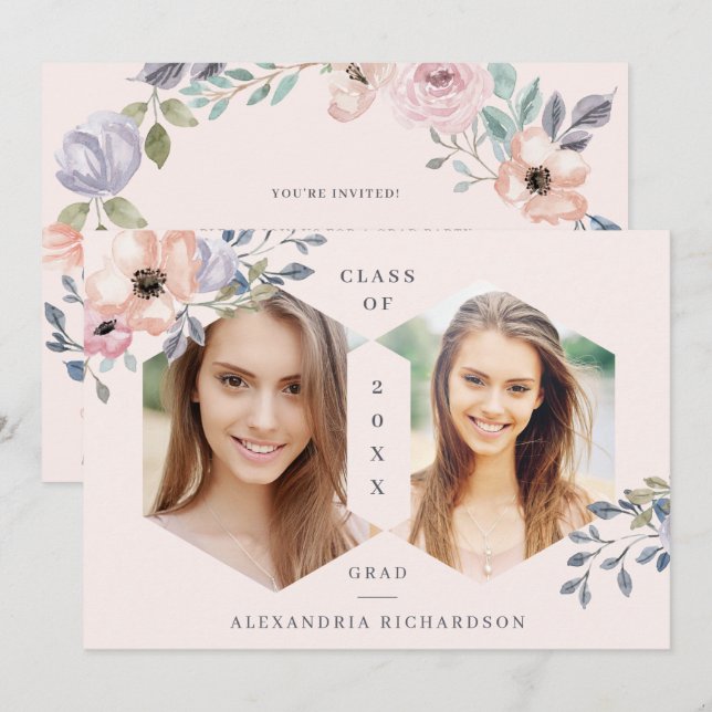 Rosenskiftande Geometrisk Blommig | Foto Examen Fe Inbjudningar (Fram/baksida)