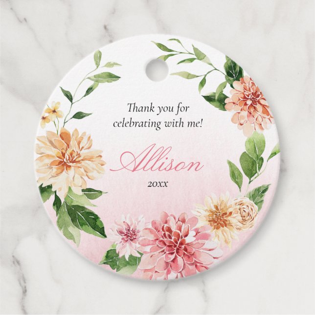 Rosenskiftande sommarblommig romantisk bröllopsdus gåvor etiketter (Framsida)