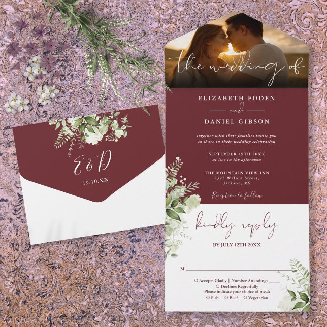 Rosenträ Rosa Blommig Grönska Bröllopsfoto (Rosewood Pink Floral Greenery Wedding Photo All In One Invitation)