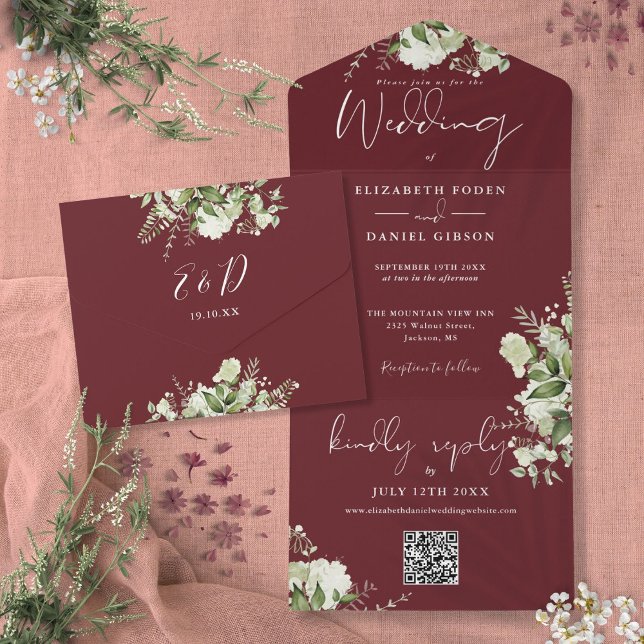 Rosenträ Rosa Grönska QR-kod Monogram Bröllop (Rosewood Pink Greenery QR Code Monogram Wedding All In One Invitation)