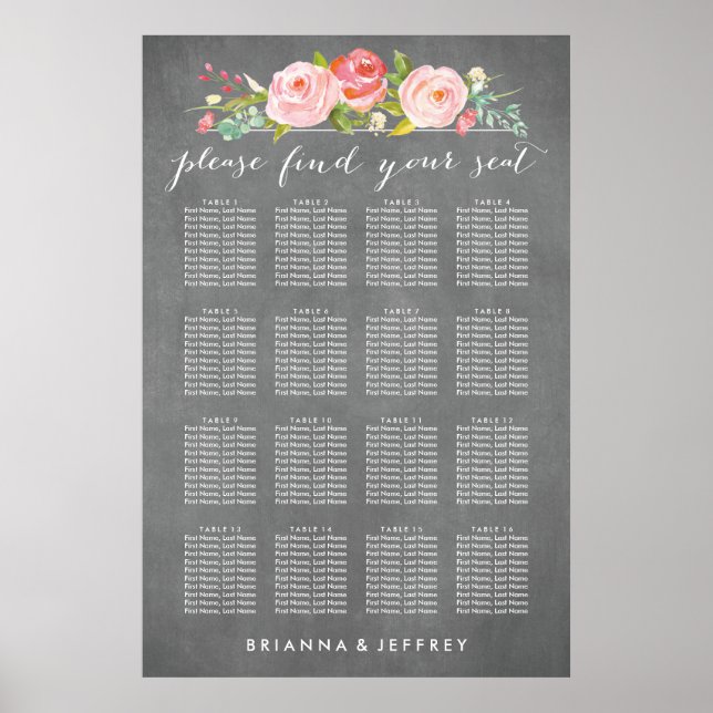 Rosenträdgård Blommig Bröllops Sittplatskarta Poster (Framsidan)