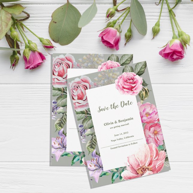 Rosenträdgård Romantisk Blommig Bröllop Spara Datu Meddelande Vykort (Blush Garden Romantic Floral Wedding Save the Date Announcement Postcard)