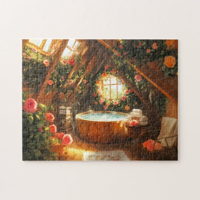 Rosenträdgård Spa Loft Blommig Jacuzzi- reträtt Pussel (Horisontell)