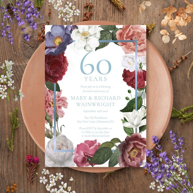 Rosenträdgårdsblommig 60-års bröllopsdag inbjudningar (Rose Garden Floral 60th Wedding Anniversary Invitation
)