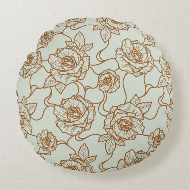 Rosenviskningar, Elegant Linjekonst Blommönster Rund Kudde (Framsidan)