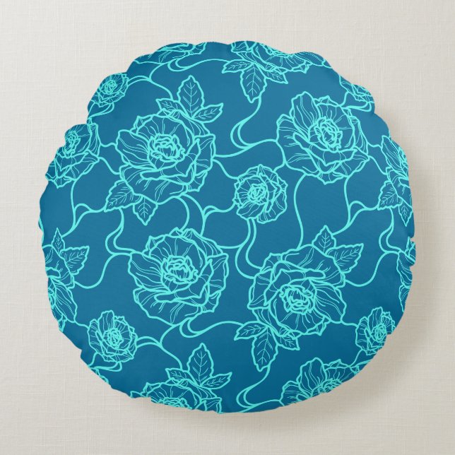 Rosenviskningar, Elegant Linjekonst Blommönster Rund Kudde (Framsidan)