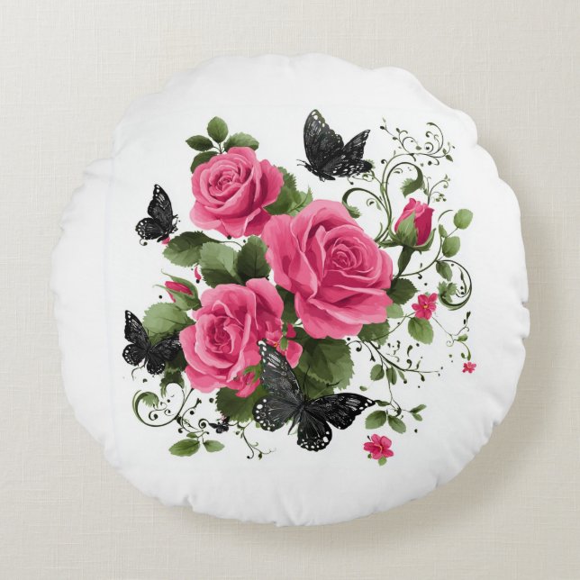 Roses and Butterflies, Colorful Design, Rund Kudde (Framsidan)
