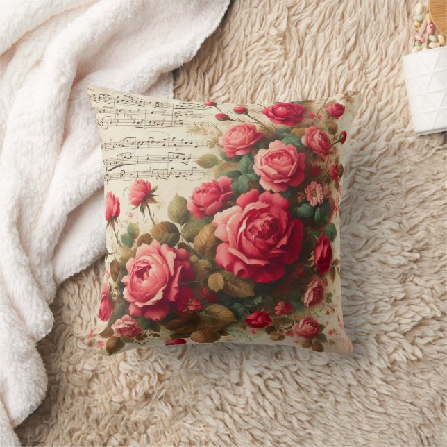 Roses and Music Notes Throw Pillow,  Kudde (Filt)