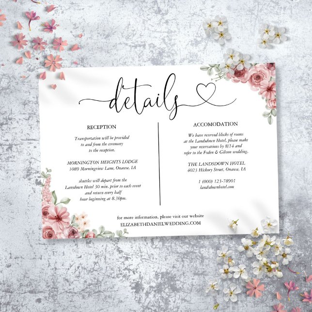 Roses Blommiga Hjärtmanus Detaljer Informationskor Inbjudningar (Roses Floral Heart Script Details Information Card)