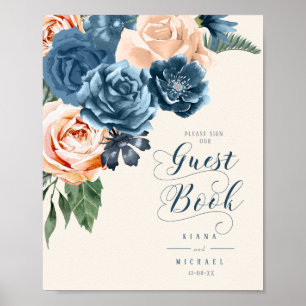 Roses Blue/Peach Bröllopsgästbok ID584 Poster