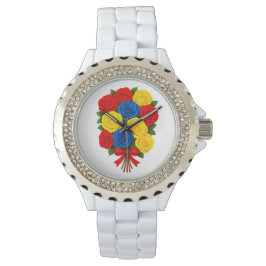 Roses Bouquet Women Rhinestone White Enamel Watch Armbandsur