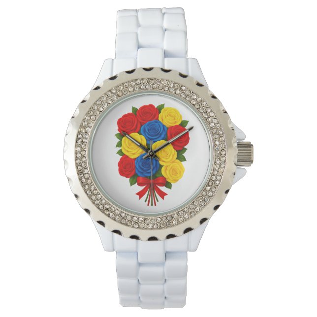 Roses Bouquet Women Rhinestone White Enamel Watch Armbandsur (Framsida)