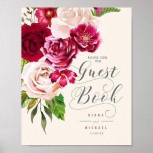 Roses Burgundy/Cream Bröllopsgästbok ID584 Poster