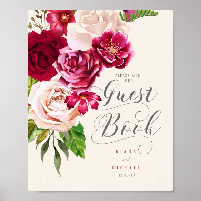 Roses Burgundy/Cream Bröllopsgästbok ID584 Poster (Framsidan)