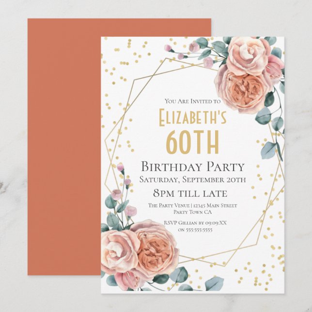 Roses & Eucalyptus Blommig 60-årsfest   Inbjudningar (Fram/baksida)