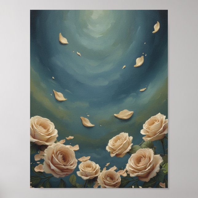  Roses & Floating Petals Teal Blue Oil Painting Poster (Framsidan)