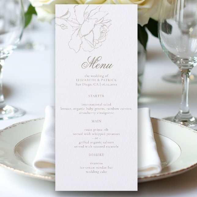 Roses Formal Modern Classic Pearl Elegant Wedding Meny (ethereal wedding theme white table menu formal traditional modern classic floral roses elevated)