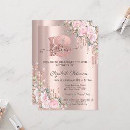 Roses Glitter Drips Rose Gold 18-årsdag Inbjudningar