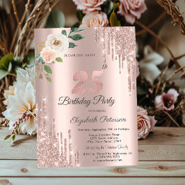 Roses Glitter Drips Rose Gold 25-årsdag Inbjudningar
