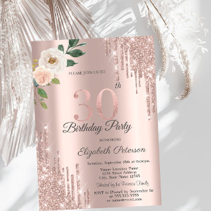 Roses Glitter Drips Rose Gold 30-årsdag Inbjudningar