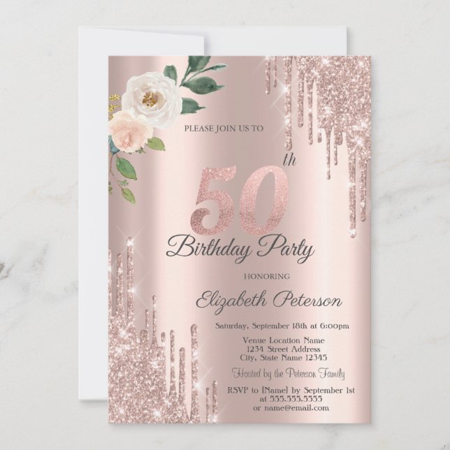 Roses Glitter Drips Rose Gold 50-årsfirande Inbjudningar (Framsida)