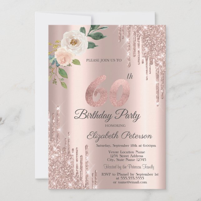 Roses Glitter Drips Rose Gold 60-årsfirande Inbjudningar (Framsida)