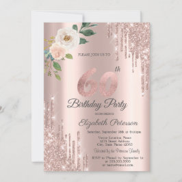Roses Glitter Drips Rose Gold 60-årsfirande Inbjudningar