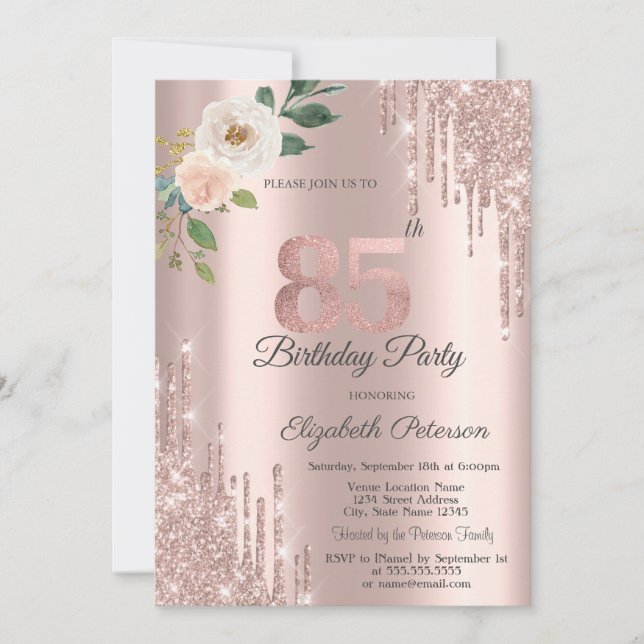 Roses Glitter Drips Rose Gold 85-årsdag Inbjudningar (Framsida)