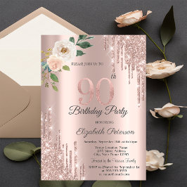 Roses Glitter Drips Rose Gold 90-årsdag Inbjudningar