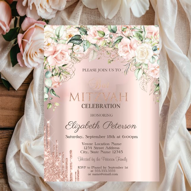 Roses Glitter Drips Rose Gold Bat Mitzvah  Inbjudningar (Skapare uppladdad)