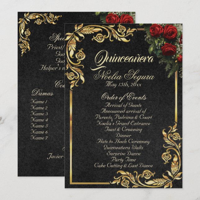 Roses & Gold Leaves - Black Quinceanera Program (Fram/baksida)