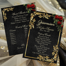 Roses & Gold Leaves - Black Quinceanera Program