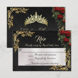 Roses & Gold Leaves - Black RSVP OSA Kort