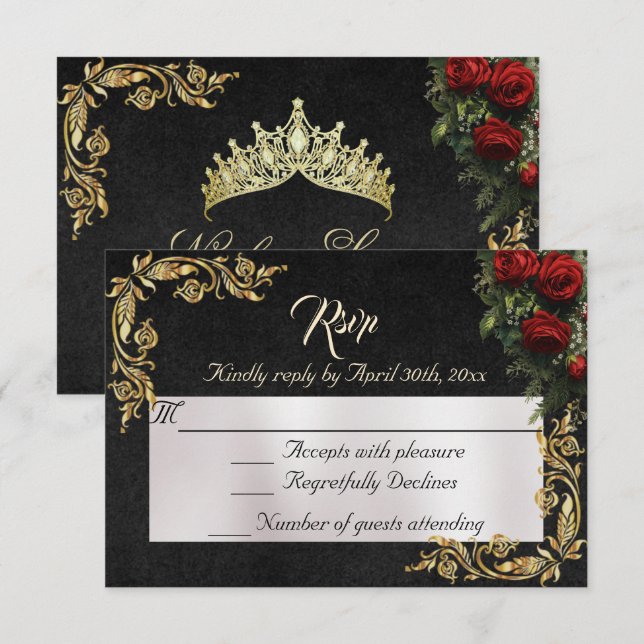 Roses & Gold Leaves - Black RSVP OSA Kort (Fram/baksida)