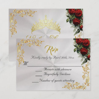 Roses & Gold Leaves - Pearl White RSVP OSA Kort