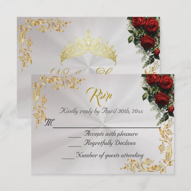 Roses & Gold Leaves - Pearl White RSVP OSA Kort (Fram/baksida)
